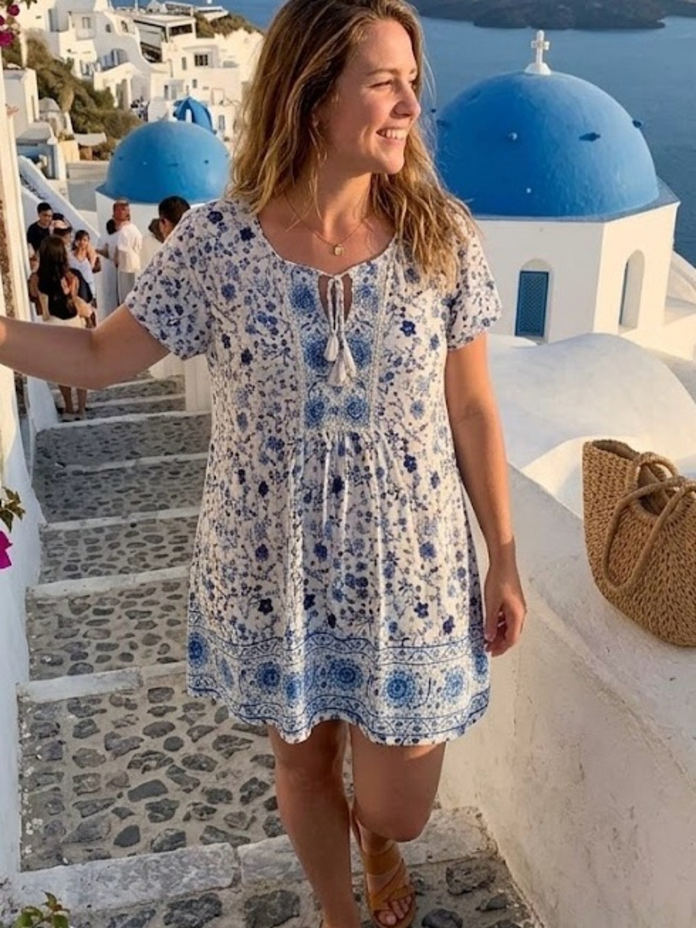 Dalia Blue White Floral Print Boho Dress Mediterranean Coastal Cottagecore